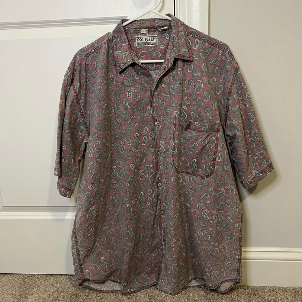 Coliseum Red Paisley Denim Button Down Shirt Men’s‎ Size L 100% Cotton 90’s Vtg